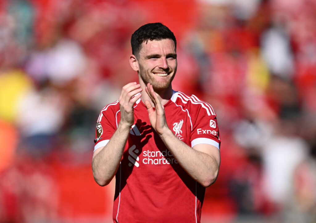 Andrew Robertson of Liverpool applauds the fans following the team's victory during the Premier League match between Liverpool and Crystal Palace