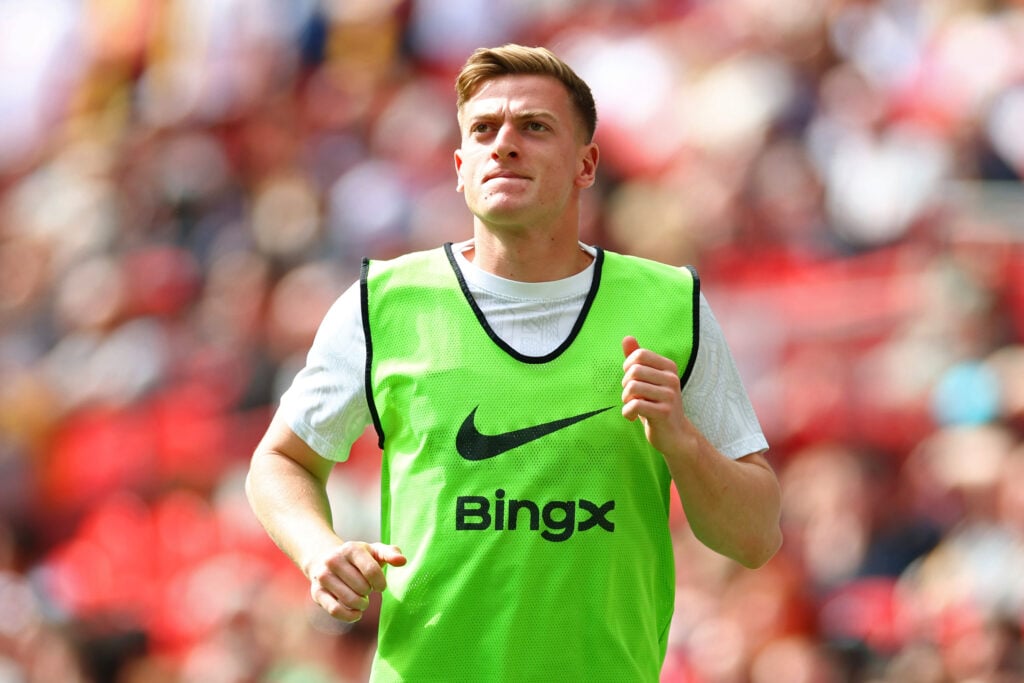 Liam Delap of Chelsea warms up during the Emirates FA Cup Semi Final match between Chelsea and Leeds United