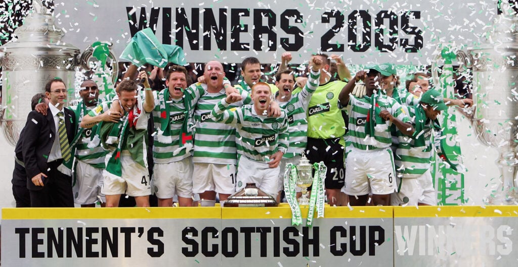 The Celtic Team celebrate victory after The Tennents Scottish Cup Final between Celtic and Dundee United at Hampden Park on May 28, 2005