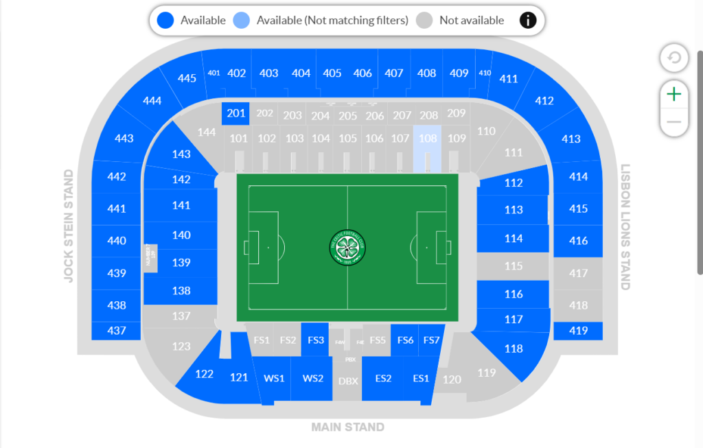 A map of the tickets available for Celtic's Scottish Premiership clash against Falkirk