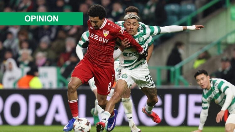 Tiago Tomas of VfB Stuttgart holds off Celtic's Julian Araujo during the UEFA Europa League 2025/26 Knockout Play-off First Leg match between Celti...
