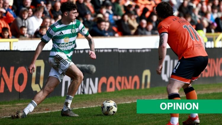 Colby Donovan of Celtic controls the ball under pressure from Will Ferry of Dundee United during the William Hill Premiership match between Dundee ...