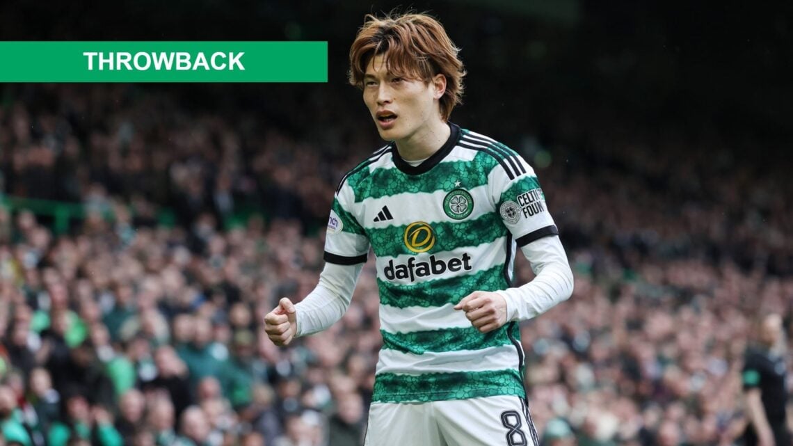 Kyogo Furuhashi of Celtic celebrates after he scores the opening goal during the Cinch Scottish Premiership match between Celtic FC and St. Johnsto...