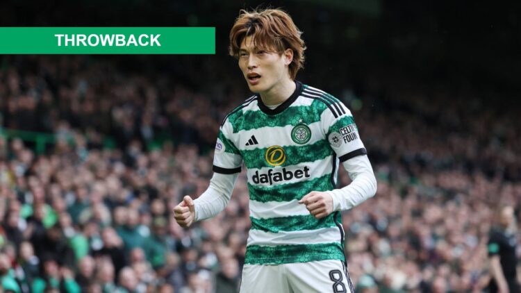 Kyogo Furuhashi of Celtic celebrates after he scores the opening goal during the Cinch Scottish Premiership match between Celtic FC and St. Johnsto...