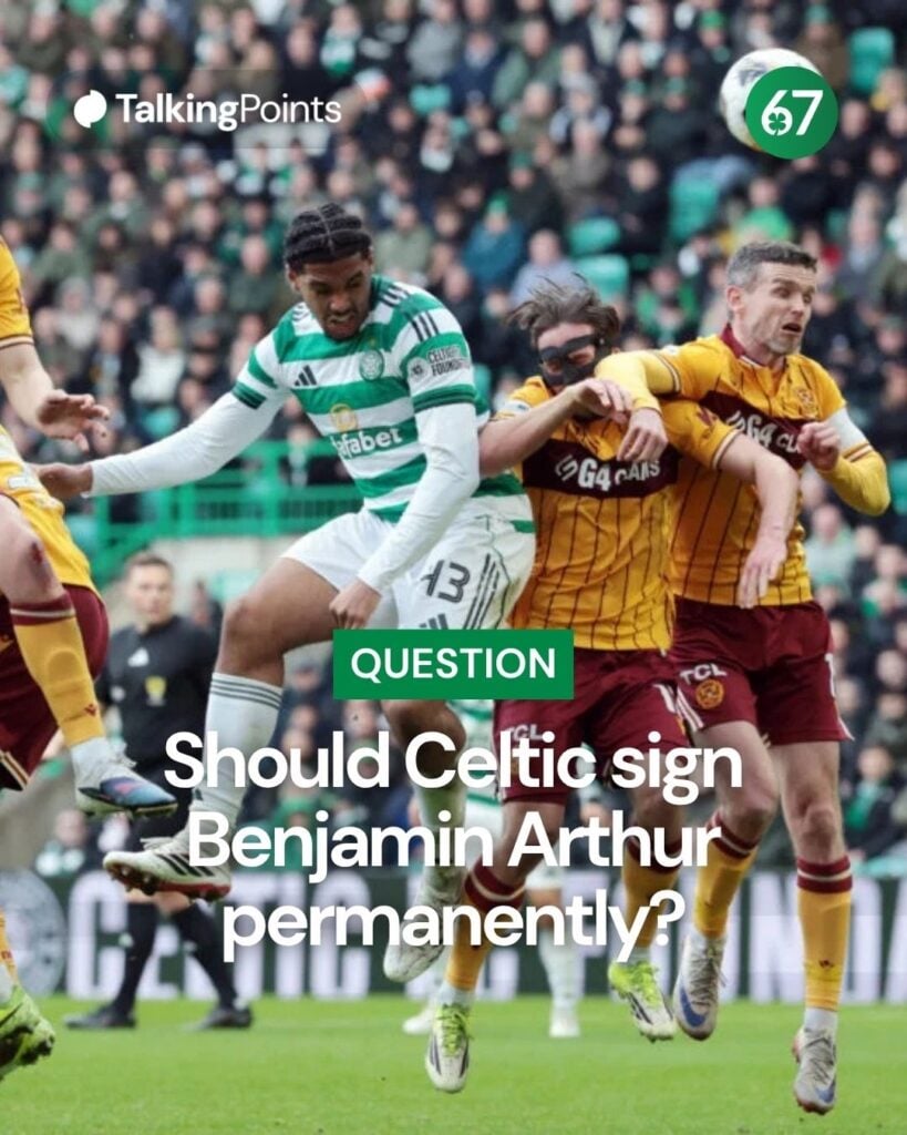 Benjamin Arthur of Celtic heads at goal during the William Hill Premiership match between Celtic and Motherwell