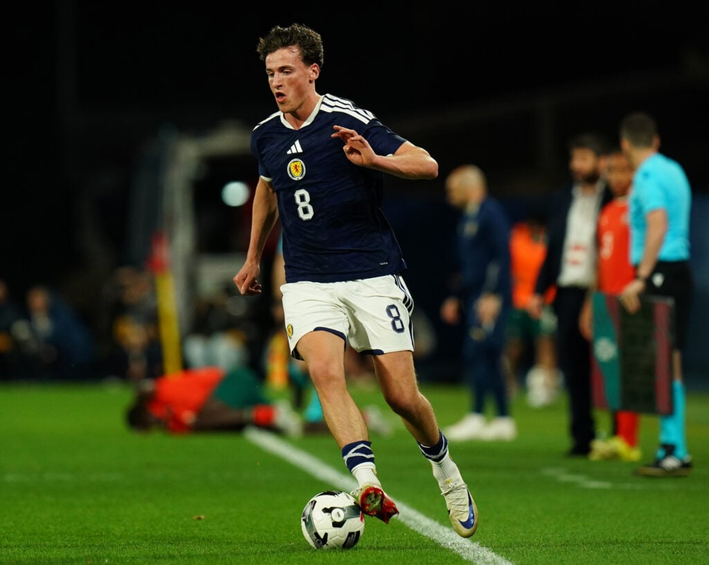Barney Stewart in action for Scotland against Portugal in the UEFA U21 EURO 2027 Qualifier