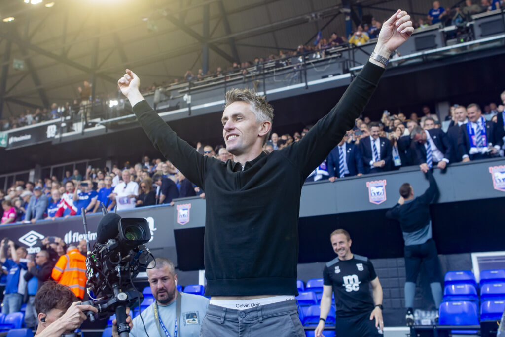 Kieran McKenna celebrates promotion to the Premier League with Ipswich Town after beating Queen's Park Rangers on the final day of the 2025/26 Championship season.