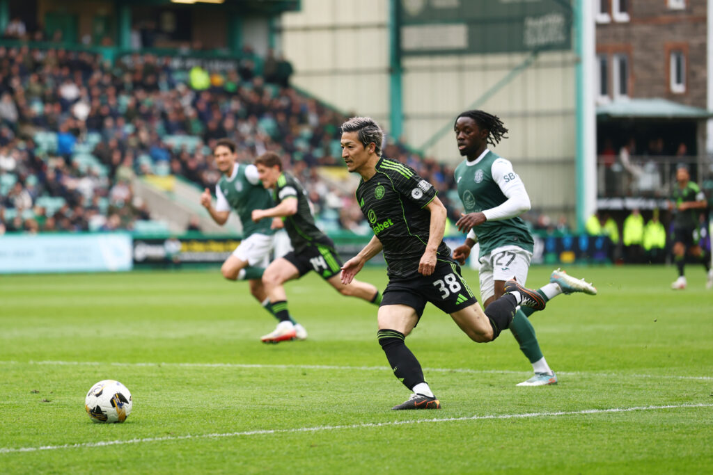 Daizen Maeda running with the ball during Celtic's Premiership post-split fixture showdown against Hibernian at Easter Road.