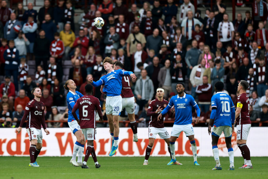 Heart of Midlothian and Rangers players battle it out in the William Hill Premiership
