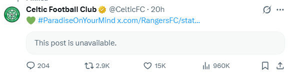 Screenshot of Celtic's post-match reply to Rangers tweet on X which the Ibrox club deleted.
