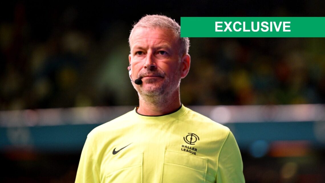 Mark Clattenburg referees during "Baller League x Match Day 10" at Copperbox Arena on May 26, 2025 in London, England. (Photo by Jordan Peck/Getty ...