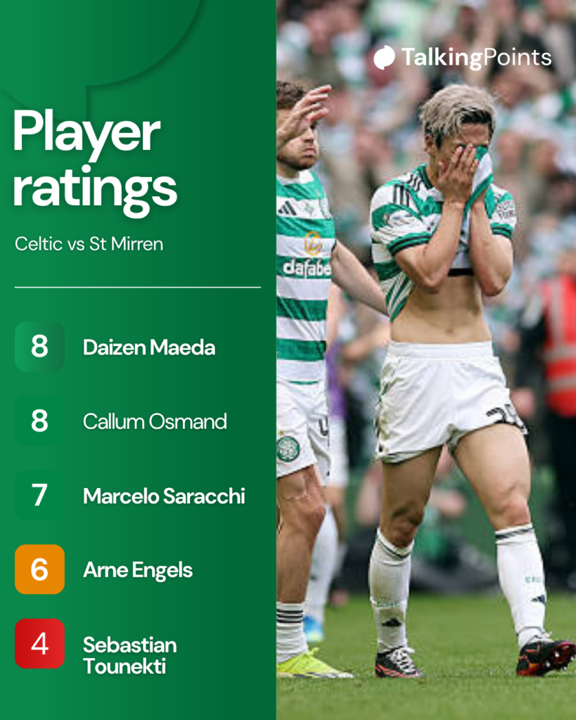 Daizen Maeda of Celtic (C) celebrates scoring his team's second goal with teammates Callum McGregor (L) and Kelechi Iheanacho (R) during the William Hill Premiership match between Celtic and Heart of Midlothian at Celtic Park on May 16, 2026 in Glasgow, Scotland.