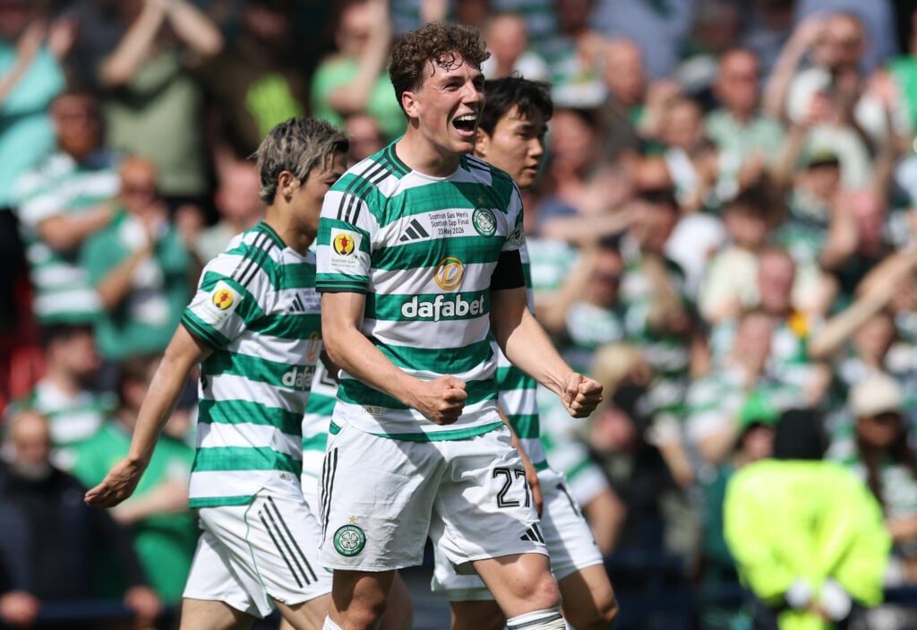 Arne Engels celebrates scoring for Celtic against Dunfermline in the Scottish Cup final at Hampden.