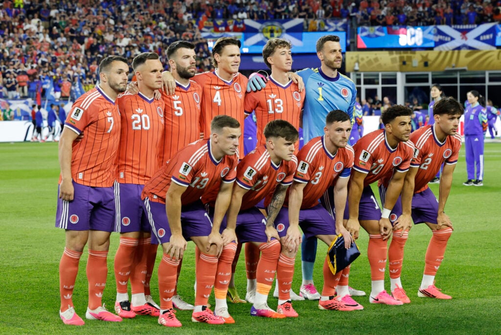 Scotland players pose for a team photo before their World Cup clash against Haiti.