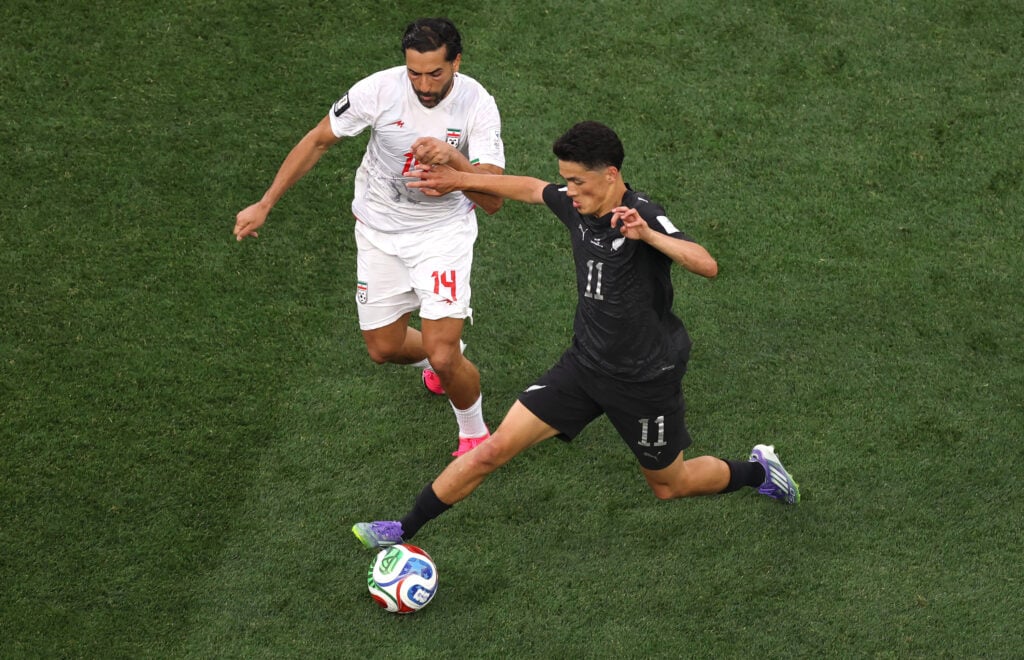 Elijah Just in action for New Zealand against Iran at the FIFA World Cup.