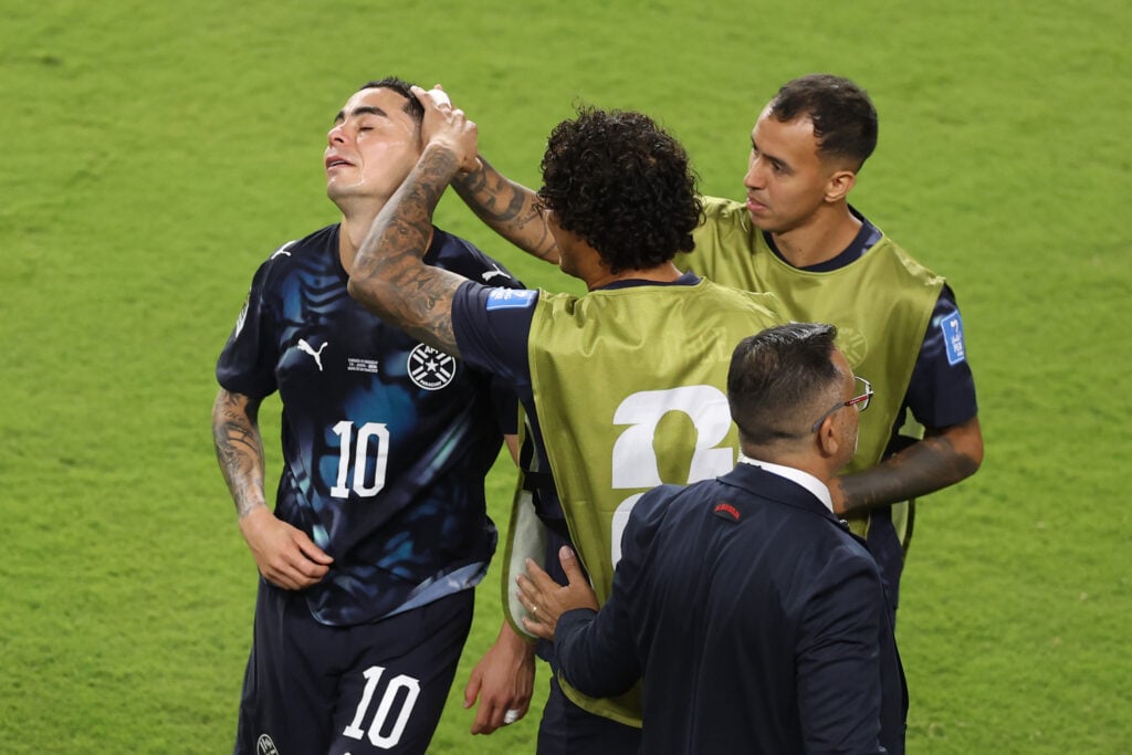 Miguel Almiron is distraught after getting sent off for Paraguay against Turkey at the FIFA World Cup.