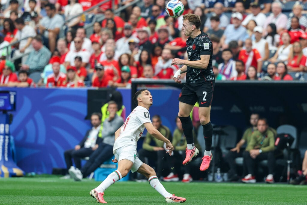 Celtic's Alistair Johnston heads the ball during Canada v Morocco in the Round of 16 of the FIFA World Cup 2026